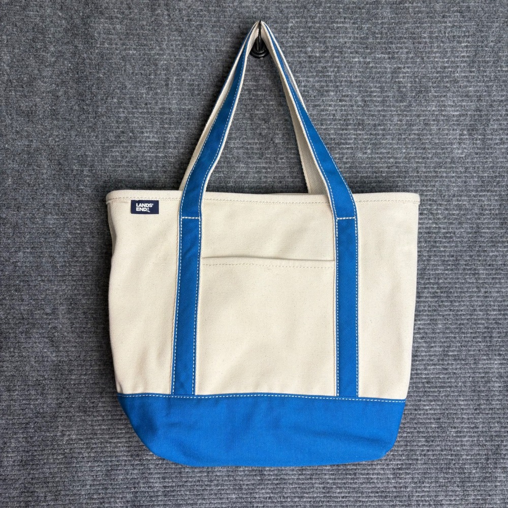 Lands End Canvas Tote Bag Blue Cream Open Top Medium Beach Bag Handbag - Picture 1 of 5